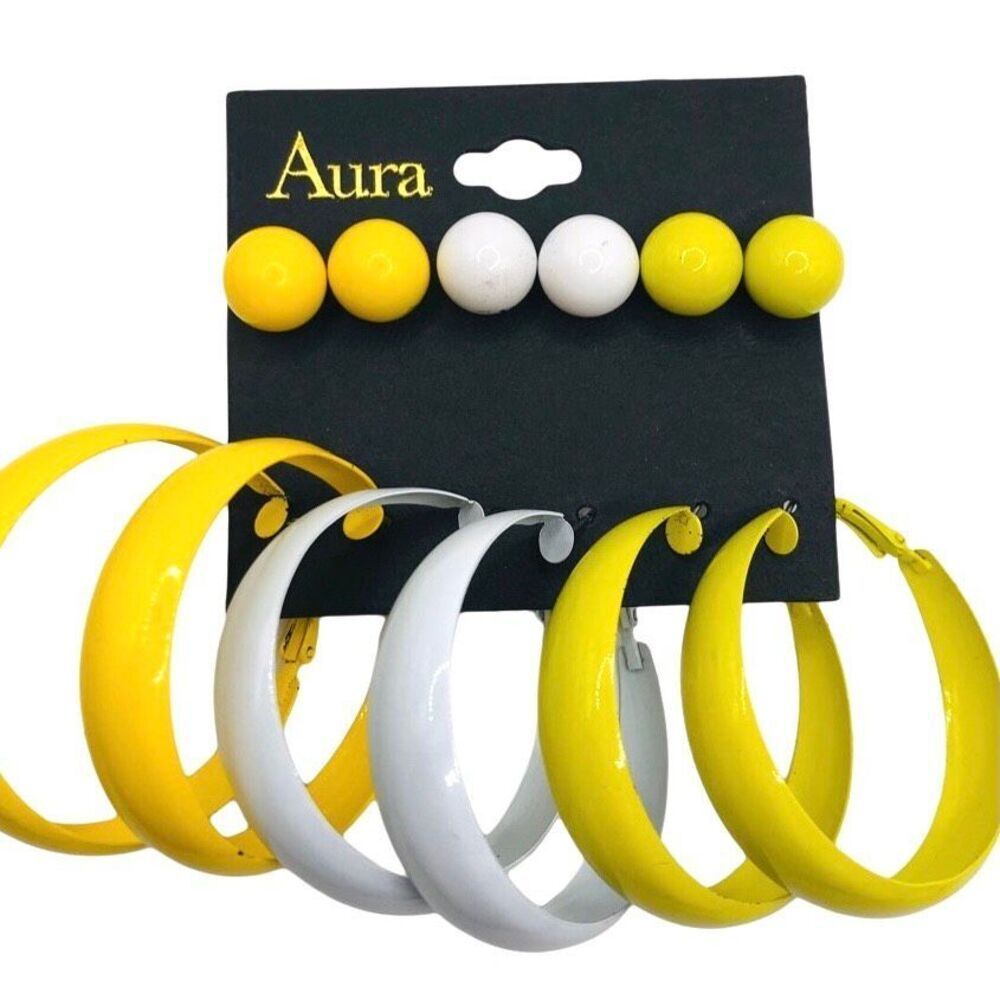 Retro 80s style Enamel Neon Yellow and White Hoop Earrings and Stud Earrings